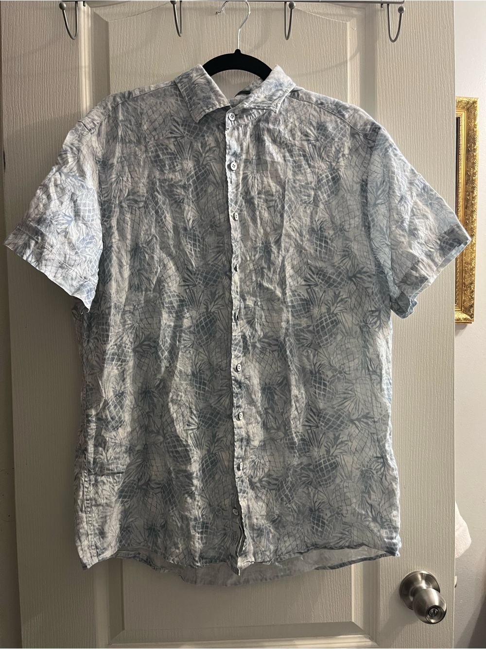 Rodd & Gunn Sports Fit Men's L Linen Pineapple Button-Up Shirt Short Sleeve Blue